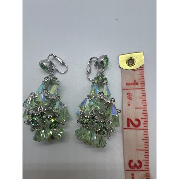 Vintage Hattie Carnegie Earrings Signed Green Aurora Borealis Chandelier ClipOn - Picture 5 of 10